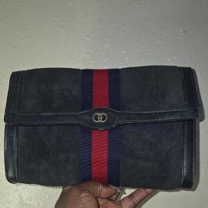 Gucci Suede Toiletry/Clutch Bag with Red and Blue Stripe